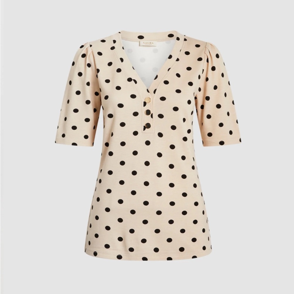 Laura Polka Dot V-Neck Top Tan Black - Picture 2 of 12